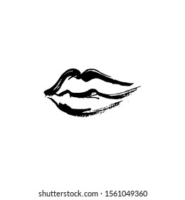 Black and white illustration of lips. Ink drawing.