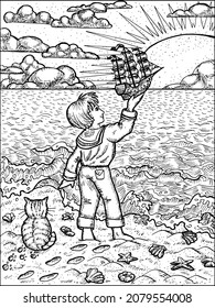 Black and white illustration of little boy standing on a seashore and holding handmade sailboat against rising sun.  Vector vintage drawings, marine concept, coloring book page, t-shirt graphic 