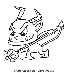 Black and white illustration of a little devil on guard with his trident, coloring page