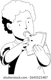 Black and white illustration of a little kid eating a watermelon. Vector illustration.