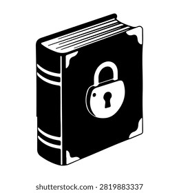 Black and white illustration of a lock symbol on a book cover representing security and privacy concepts.
