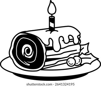 black and white illustration of a log cake with candles on top