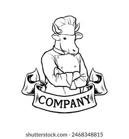 black and white illustration logo of a cow wearing a chef's outfit with a banner underneath