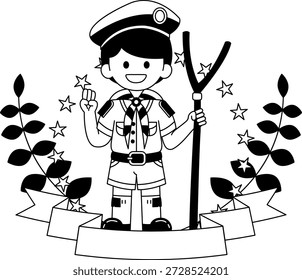 schwarz-weiße Illustration des Logos eines lächelnden Jungen in einer Pfadfinderuniform