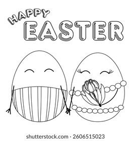Black and white illustration of a loving couple of anthropomorphic smiling Easter eggs holding a bouquet of tulips, and - Happy Easter - text above. Perfect for coloring page and greeting card.