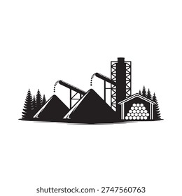 Black and white illustration of a lumber mill and surrounding forest