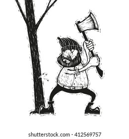 Black and white illustration of lumberjack with an ax chopping wood