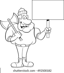Black and white illustration of a lumberjack holding a sign.