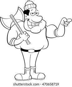 Black and white illustration of a lumberjack pointing.