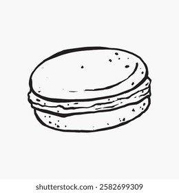 Black and white illustration of a macaron. Simple macaron sketch with detailed lines. Minimalist macaron drawing, focusing on texture and shape. Line art illustration vector.