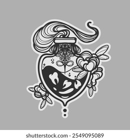 A black and white illustration of a magic potion bottle with flowers with teeth inside the bottle