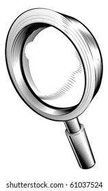 a black and white illustration of a magnifying glass in retro woodcut style