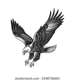 A black and white illustration of a majestic eagle in flight.