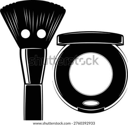 A black and white illustration of a makeup brush and compact container