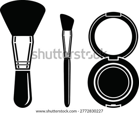 Black and white illustration of makeup brushes and compact powder for cosmetic application