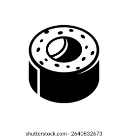 Black and white illustration of a maki sushi roll with rice, seaweed, and a filling.