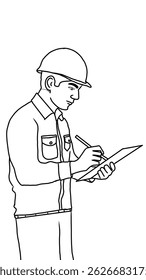 Black and white illustration of a male construction worker in uniform and helmet, writing on a clipboard with a pencil. Suitable for safety, inspection, engineering, or industrial-themed content
