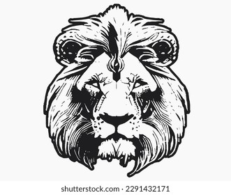 Black and white illustration of a male lion