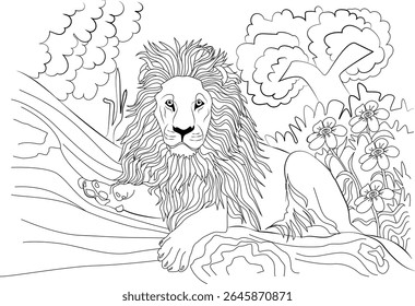 Black and white illustration of a male lion lying down, surrounded by nature, ideal for coloring books, educational activities, and artistic projects.