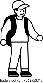 black and white illustration of a male tourist and backpack