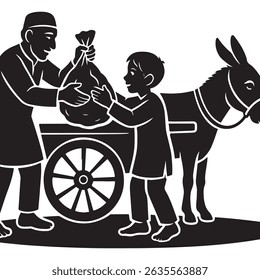 Ilustração em preto e branco de homem e menino com carrinho de burro carregando um saco para a silhueta do comércio da entrega do mercado
