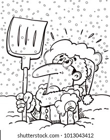 Black And White Illustration Of A Man Buried In Snow And Holding A Snow Shovel