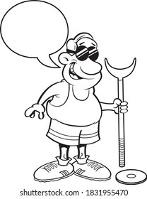 Black and white illustration of a man with a caption balloon holding shuffleboard equipment.