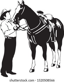 black and white illustration of a man cowboy holding a horse