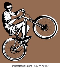 black and white illustration of man doing bike trick
