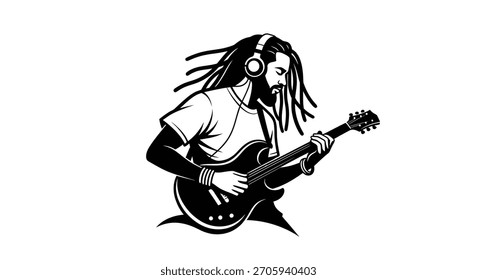 A black and white illustration of a man with dreadlocks and headphones playing an electric guitar.