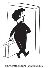 Black and white illustration of man entering the door