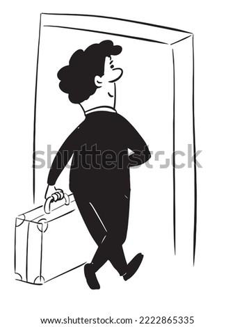 Black and white illustration of man entering the door