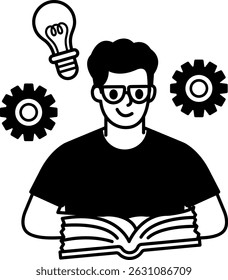 black and white illustration of a man with glasses is reading a book