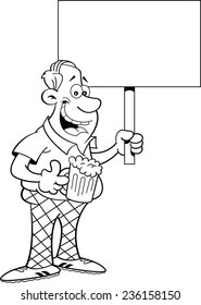 Black and white illustration of a man holding a beverage and a sign.