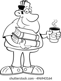 Black and white illustration of a man holding books and a cup of coffee.