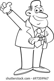 Black and white illustration of a man looking at his watch and giving thumbs up.