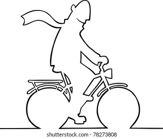 Black and white illustration of a man on a bike.
