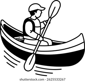 black and white illustration of a man is paddling a canoe
