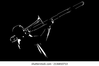 black and white illustration of man playing the trombone