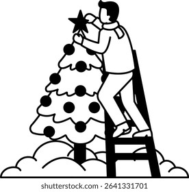 black and white illustration of a man is putting a star on a Christmas tree