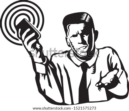 black and white illustration of a man recieving a phone call and holding a cellphone