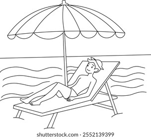 "Black and white illustration of a man relaxing on a sunbed under a beach umbrella, with ocean waves in the background