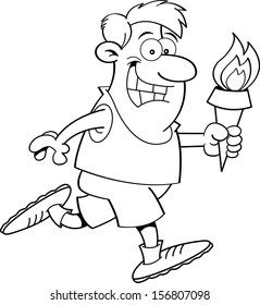 Black and white illustration of a man running holding a torch.