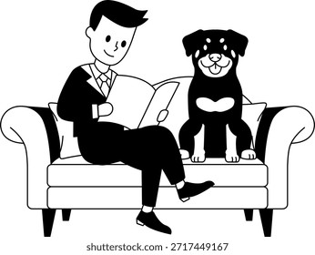 black and white illustration of A man is sitting on a couch with a dog 