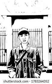 ilustración en blanco y negro de un hombre parado frente a la valla.