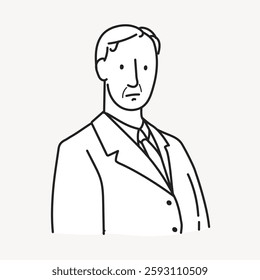 Black and white illustration of a man in a suit. Simple line drawing of a male figure. Minimalist sketch of a man in formal attire. Vector illustration.