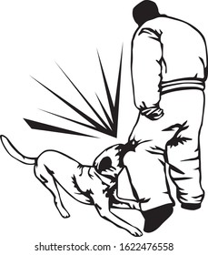 black and white illustration of a man training a dog how to bite