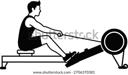 Black and white illustration of a man using a rowing machine. Fitness, exercise, and health concept. Side view, isolated on white.