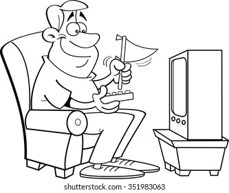 Black and white illustration of a man watching television and holding a pennant.