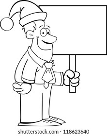 Black and white illustration of a man wearing a stocking cap and holding a sign.